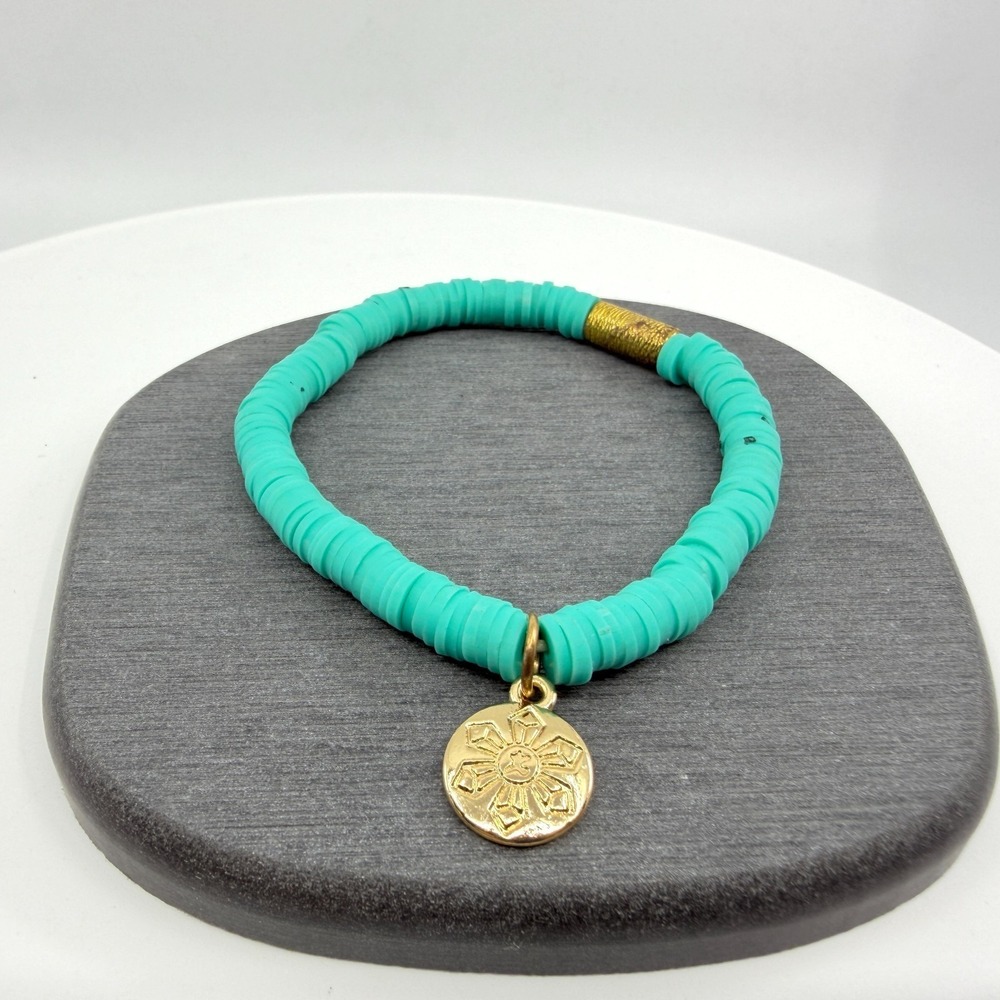 Turquoise Tone Heishi Bead Stretch Bracelet Gold Tone Sun Charm Summer Stackable